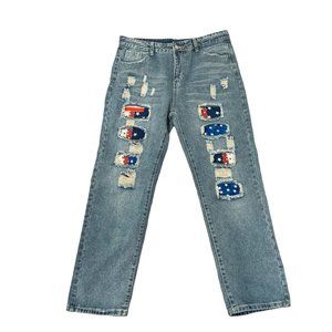 Patchwork Jeans Womens Distressed XXL Patriotic Handcrafted High Rise Mom Jeans